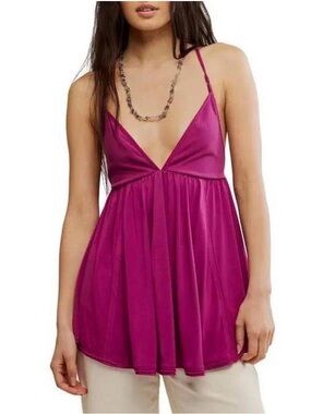 Free People Trixie Rib & Jersey V-Neck Strappy Back Fuchsia Tunic Top NWOT